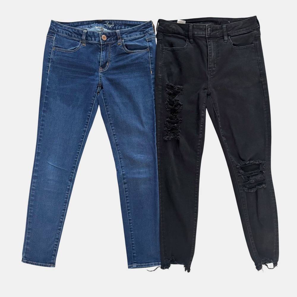 American Eagle Jeggings Lot High Rise Distressed Skinny Sz 8 Short Blue Black